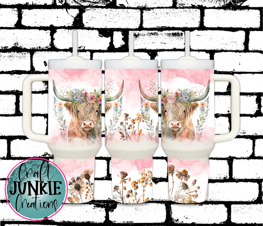 Floral Pink Cow Tumbler